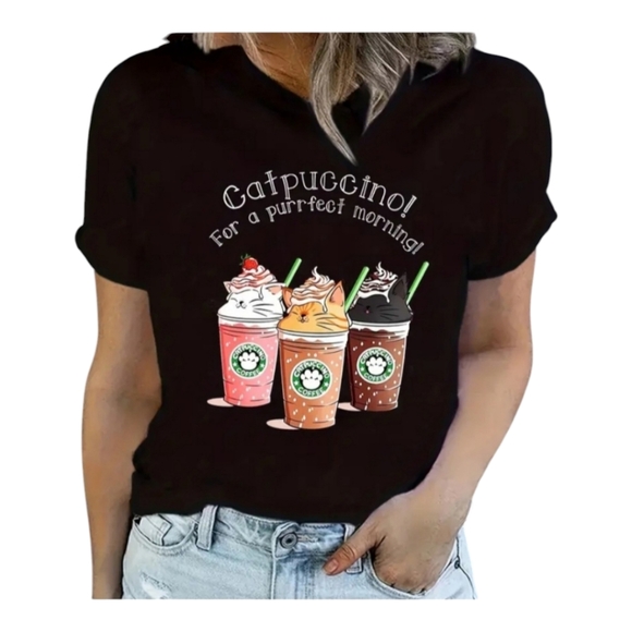Tops - Coffee Cat Print Crew Neck T-shirt